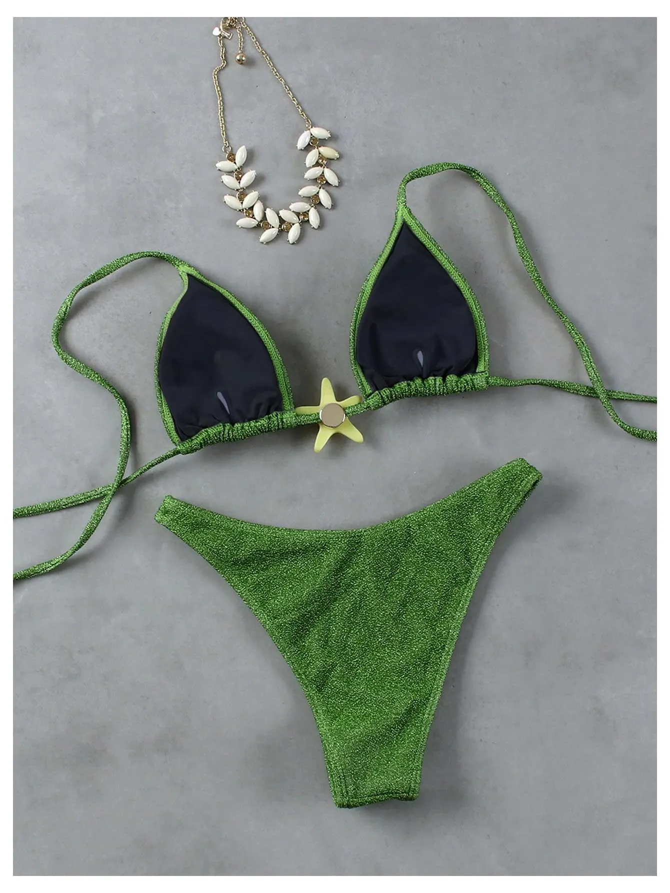 SOLY HUX Women's Sexy Halter Triangle Bikini Set Tie String Swimsuit High Cut Thong Two Piece Bathing Suit Pure Green Medium