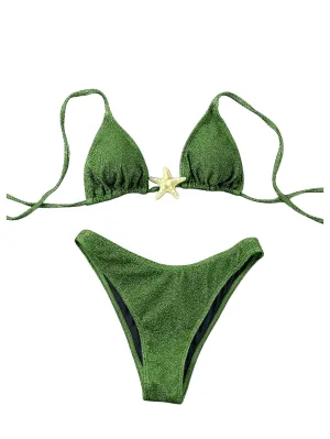 SOLY HUX Women's Sexy Halter Triangle Bikini Set Tie String Swimsuit High Cut Thong Two Piece Bathing Suit Pure Green Medium