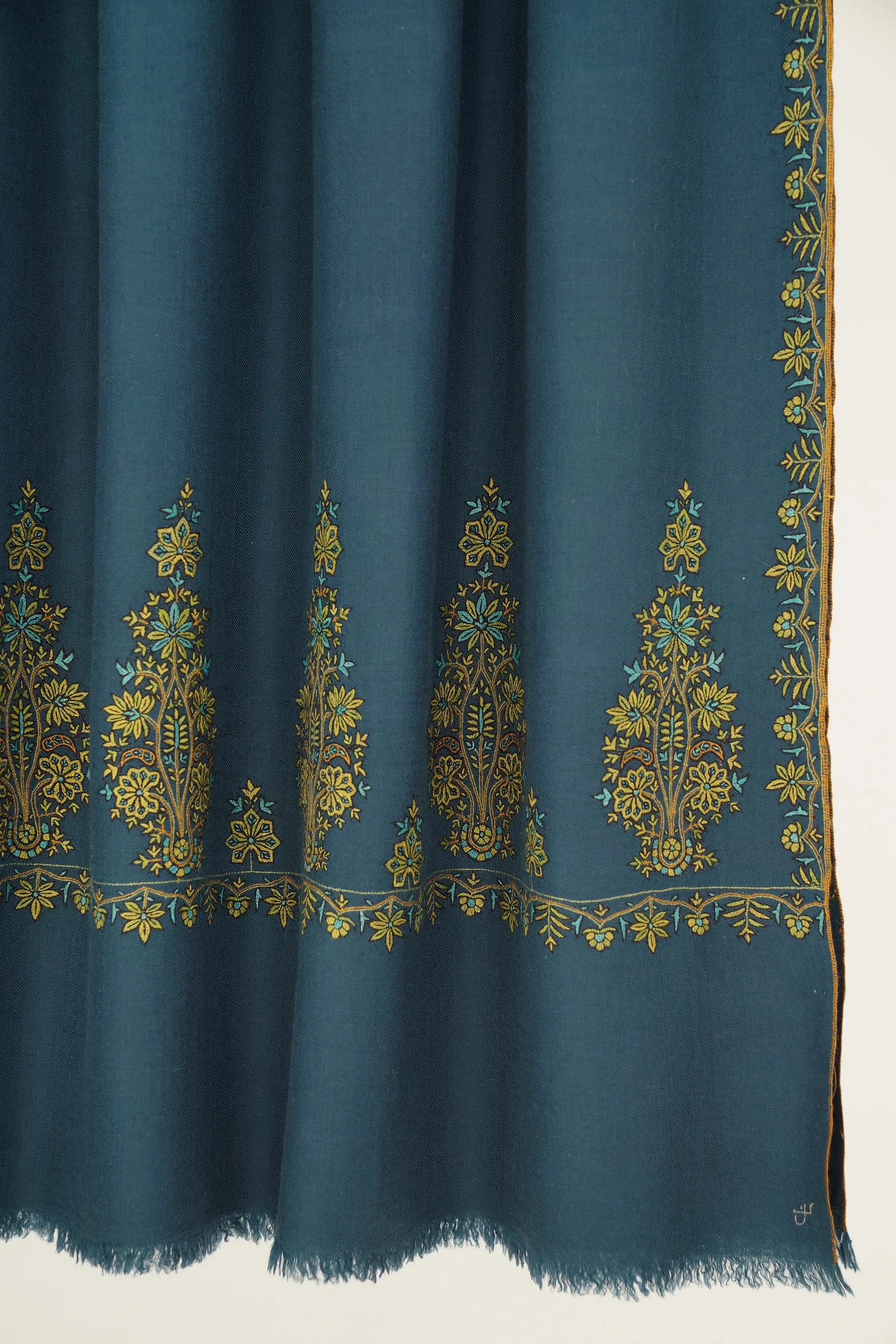 Sozni Faiza Palledar Hand Embroidered Pashmina Shawl Spruce