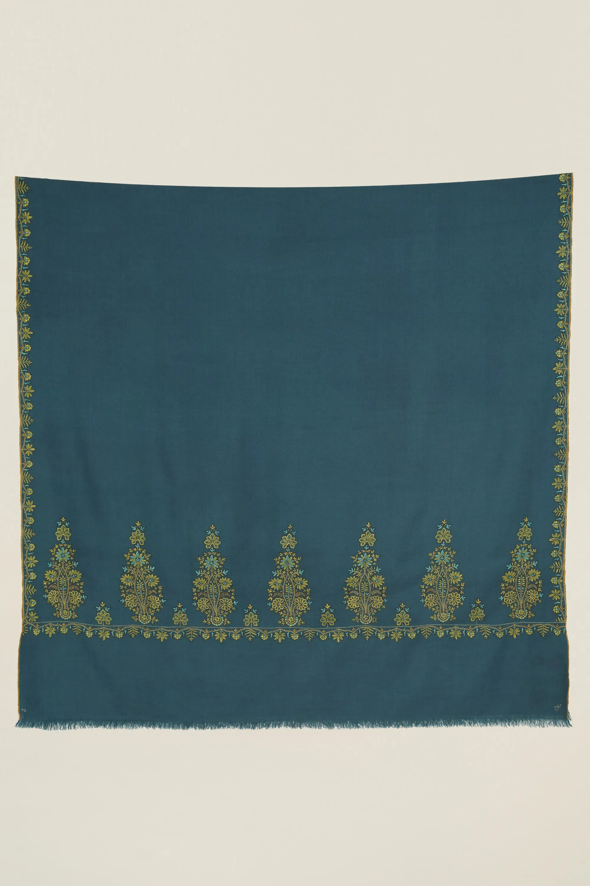 Sozni Faiza Palledar Hand Embroidered Pashmina Shawl Spruce