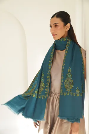 Sozni Faiza Palledar Hand Embroidered Pashmina Shawl Spruce