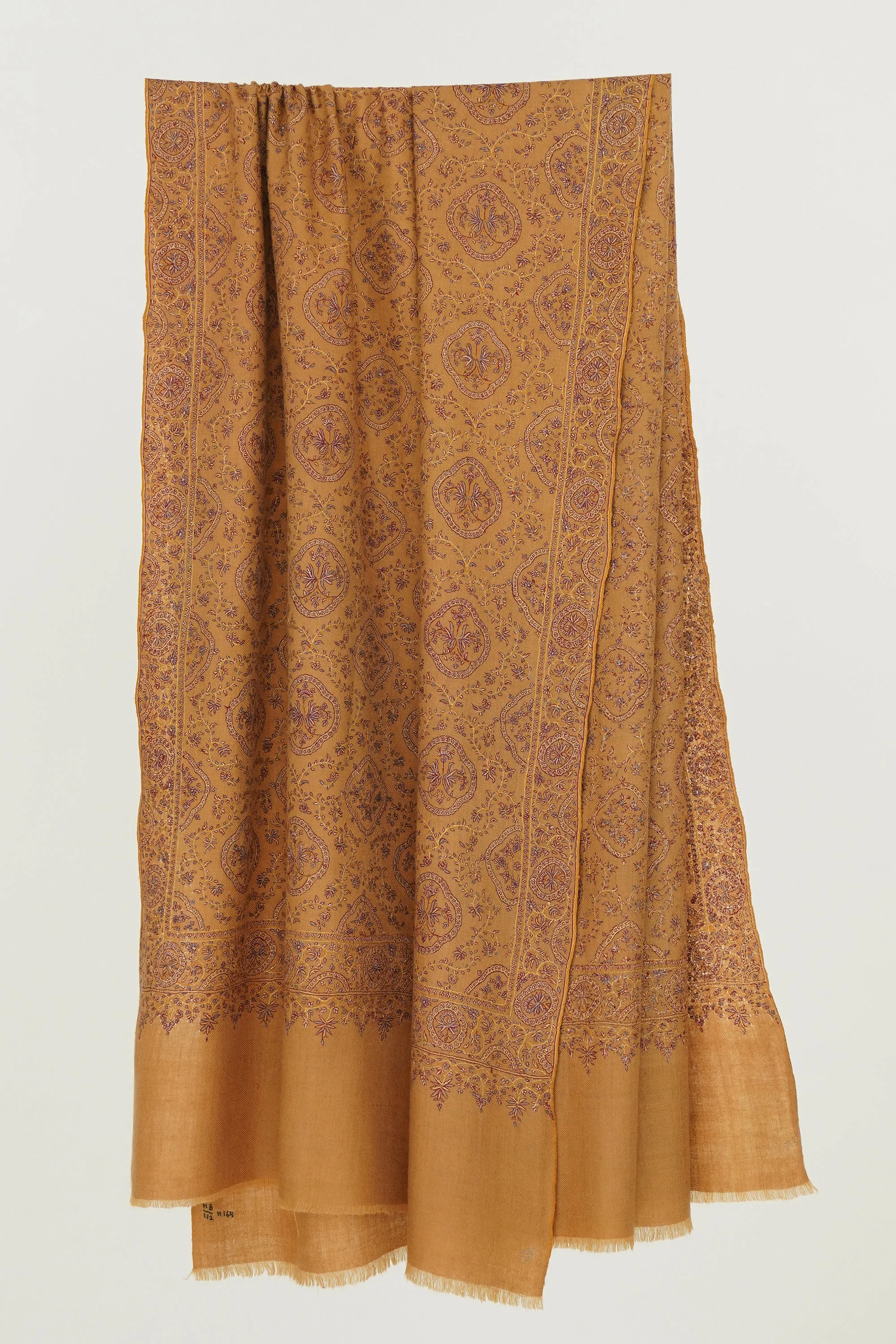 Sozni Resham Neem Jamawar Hand Embroidered Pashmina Shawl Golden