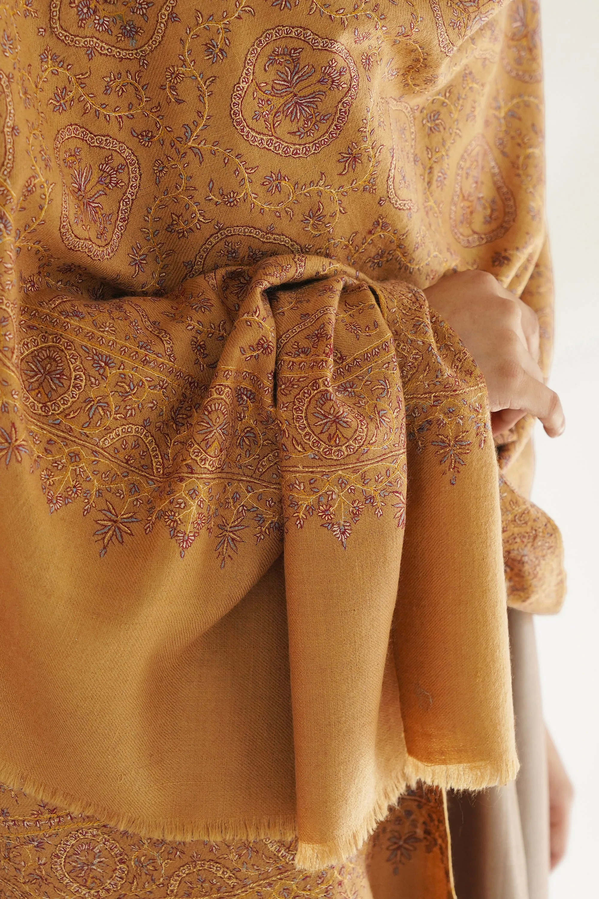 Sozni Resham Neem Jamawar Hand Embroidered Pashmina Shawl Golden