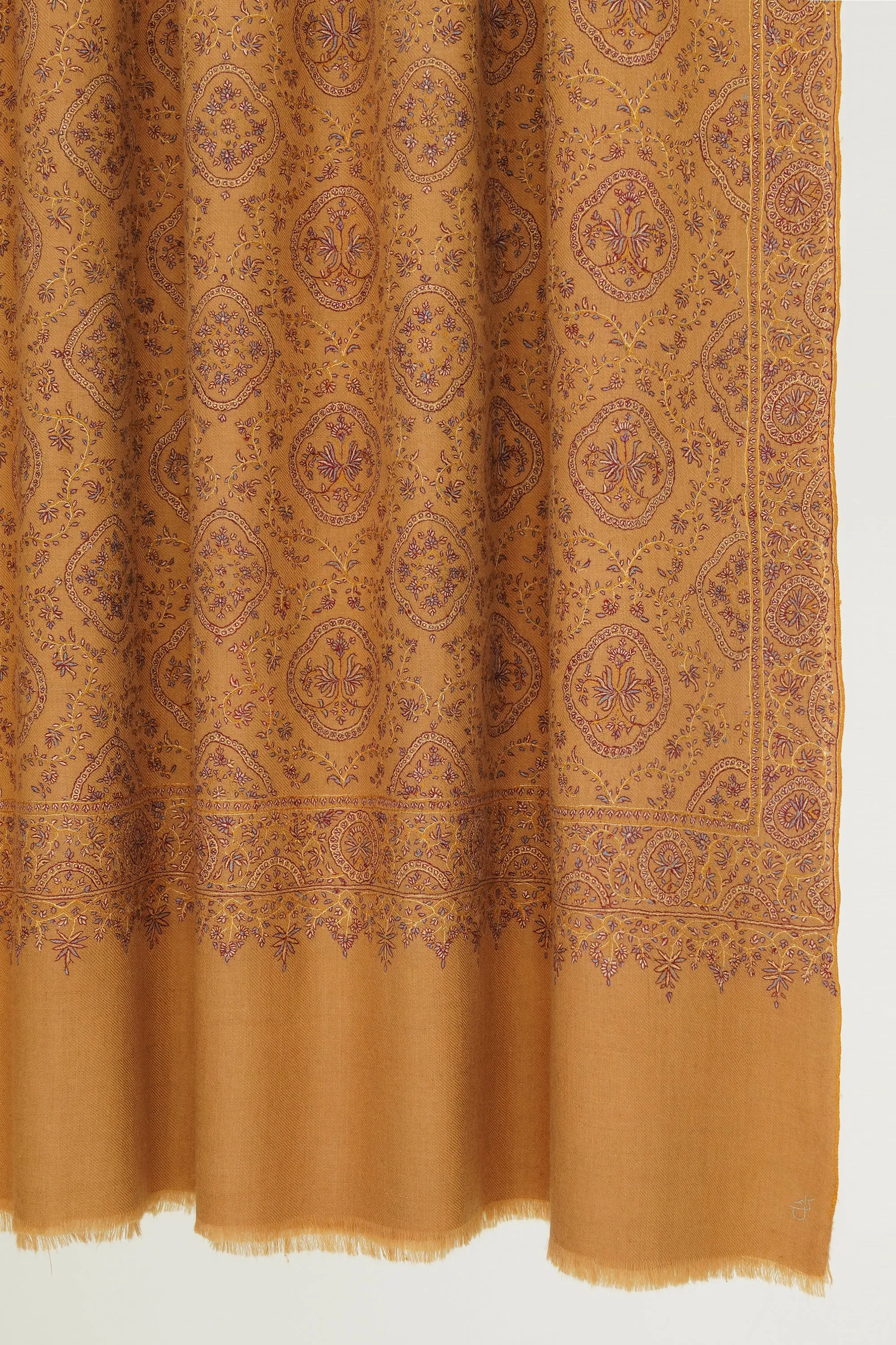 Sozni Resham Neem Jamawar Hand Embroidered Pashmina Shawl Golden