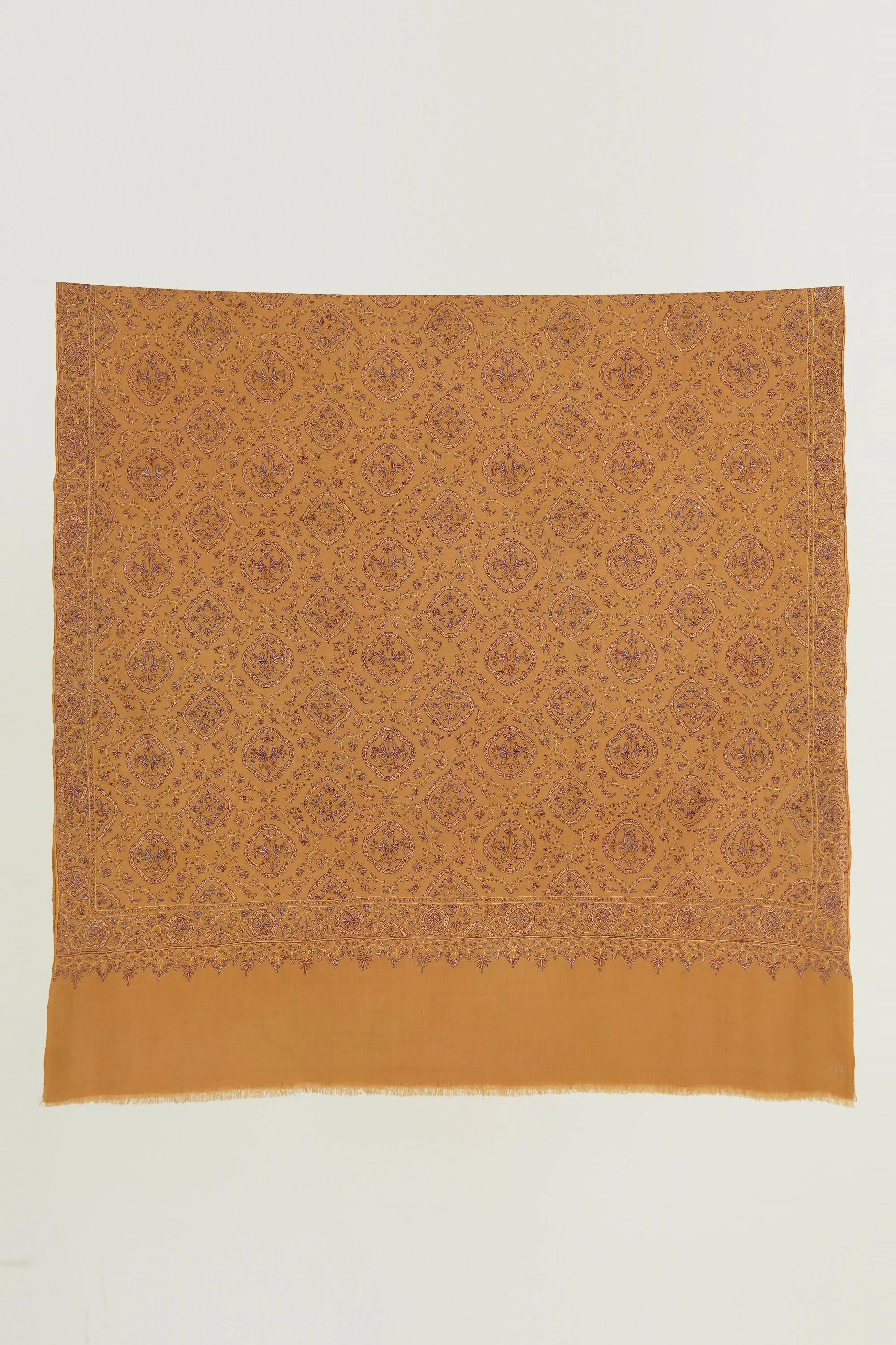 Sozni Resham Neem Jamawar Hand Embroidered Pashmina Shawl Golden