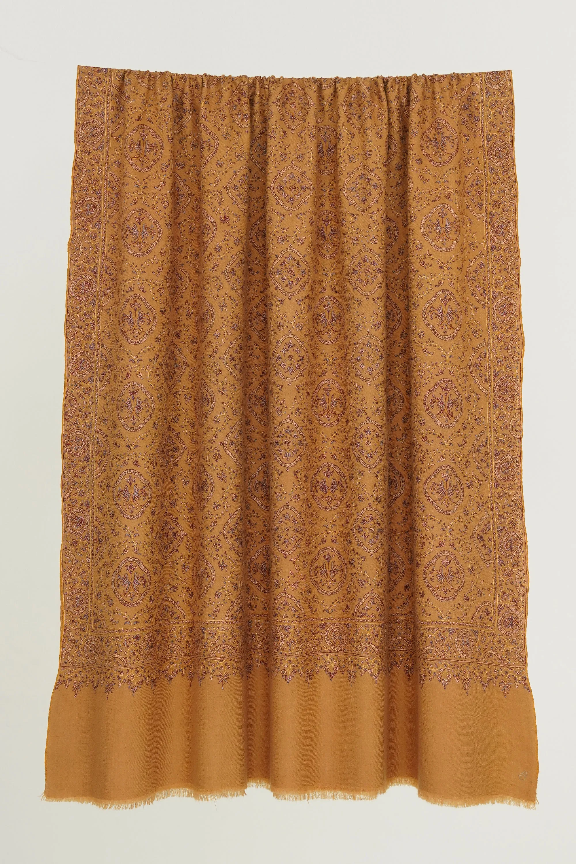 Sozni Resham Neem Jamawar Hand Embroidered Pashmina Shawl Golden