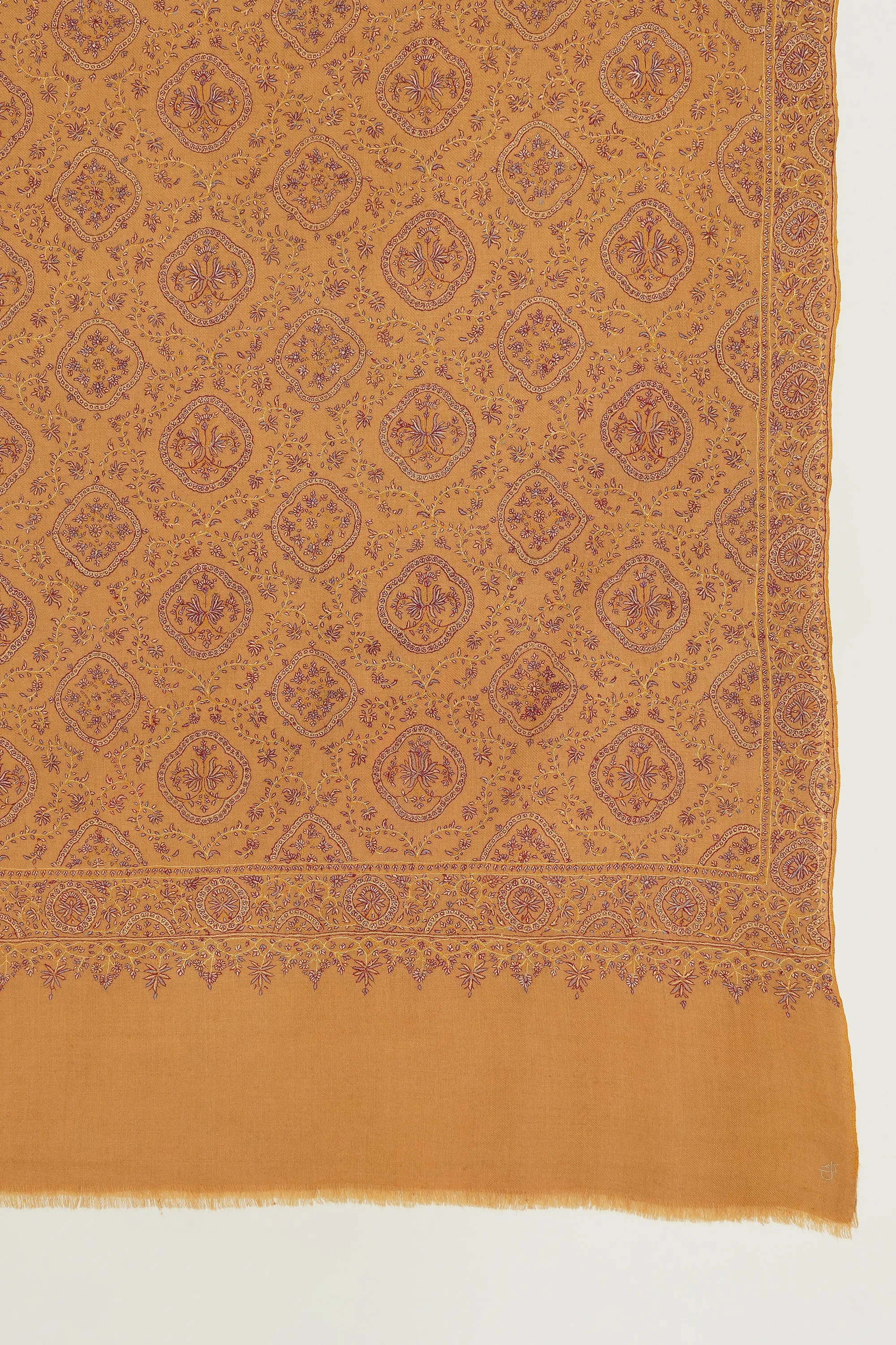Sozni Resham Neem Jamawar Hand Embroidered Pashmina Shawl Golden