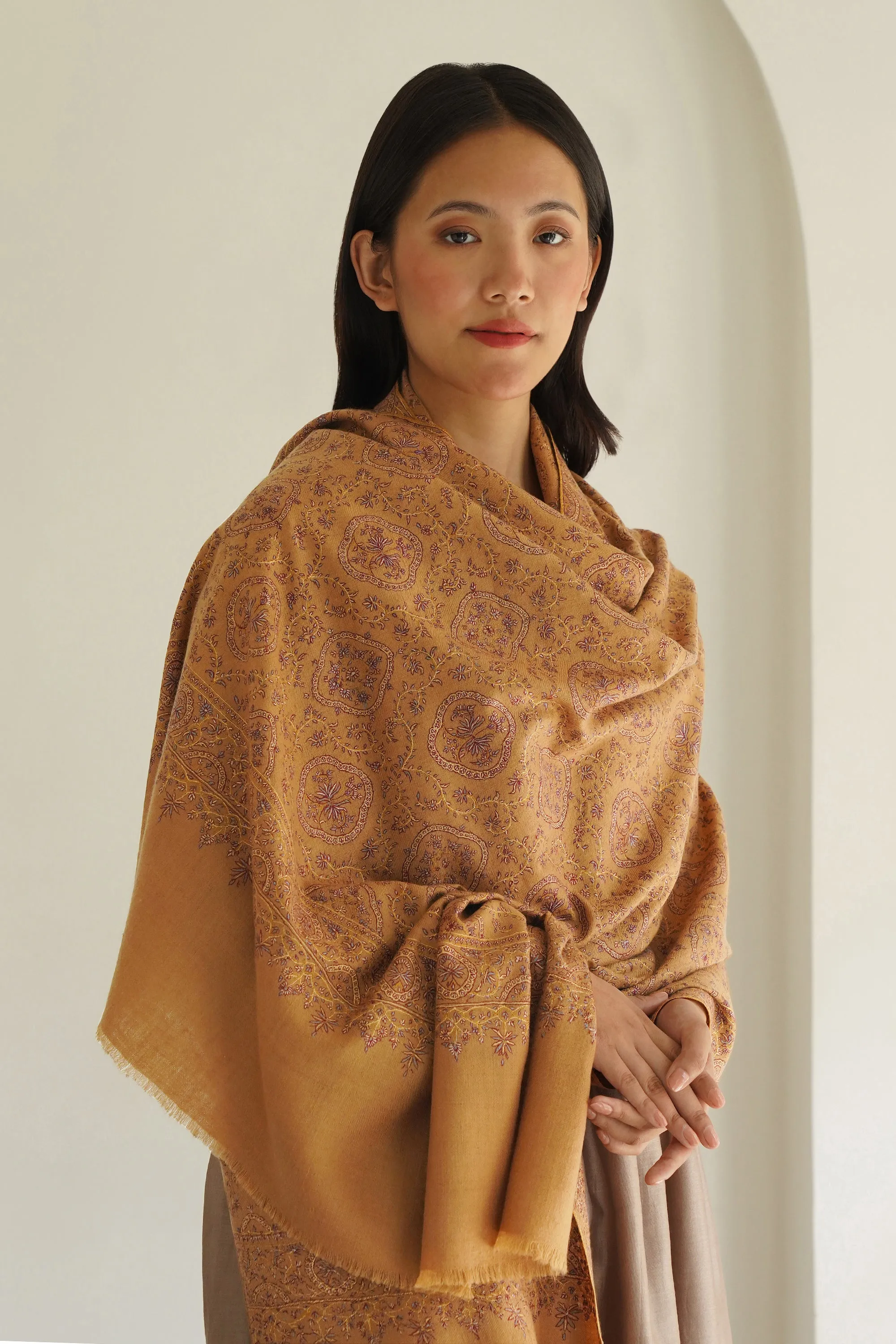 Sozni Resham Neem Jamawar Hand Embroidered Pashmina Shawl Golden