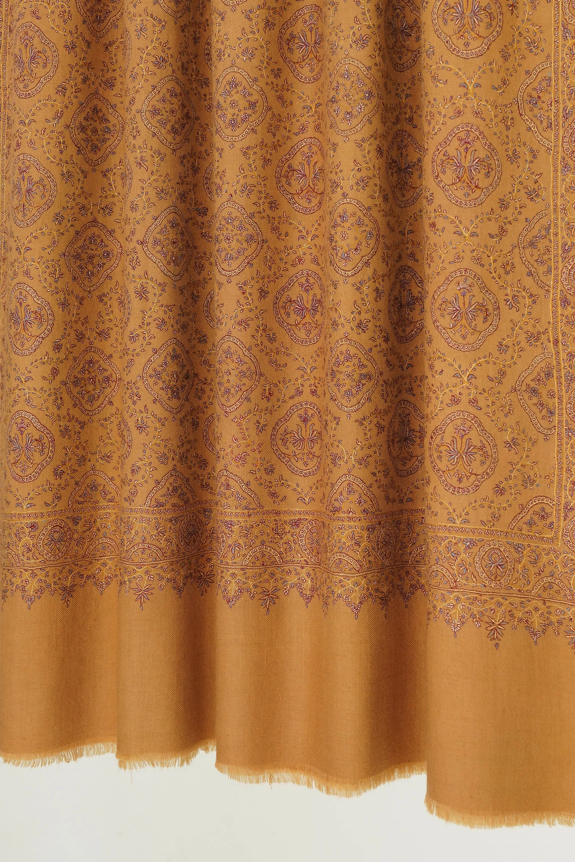 Sozni Resham Neem Jamawar Hand Embroidered Pashmina Shawl Golden
