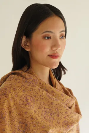Sozni Resham Neem Jamawar Hand Embroidered Pashmina Shawl Golden