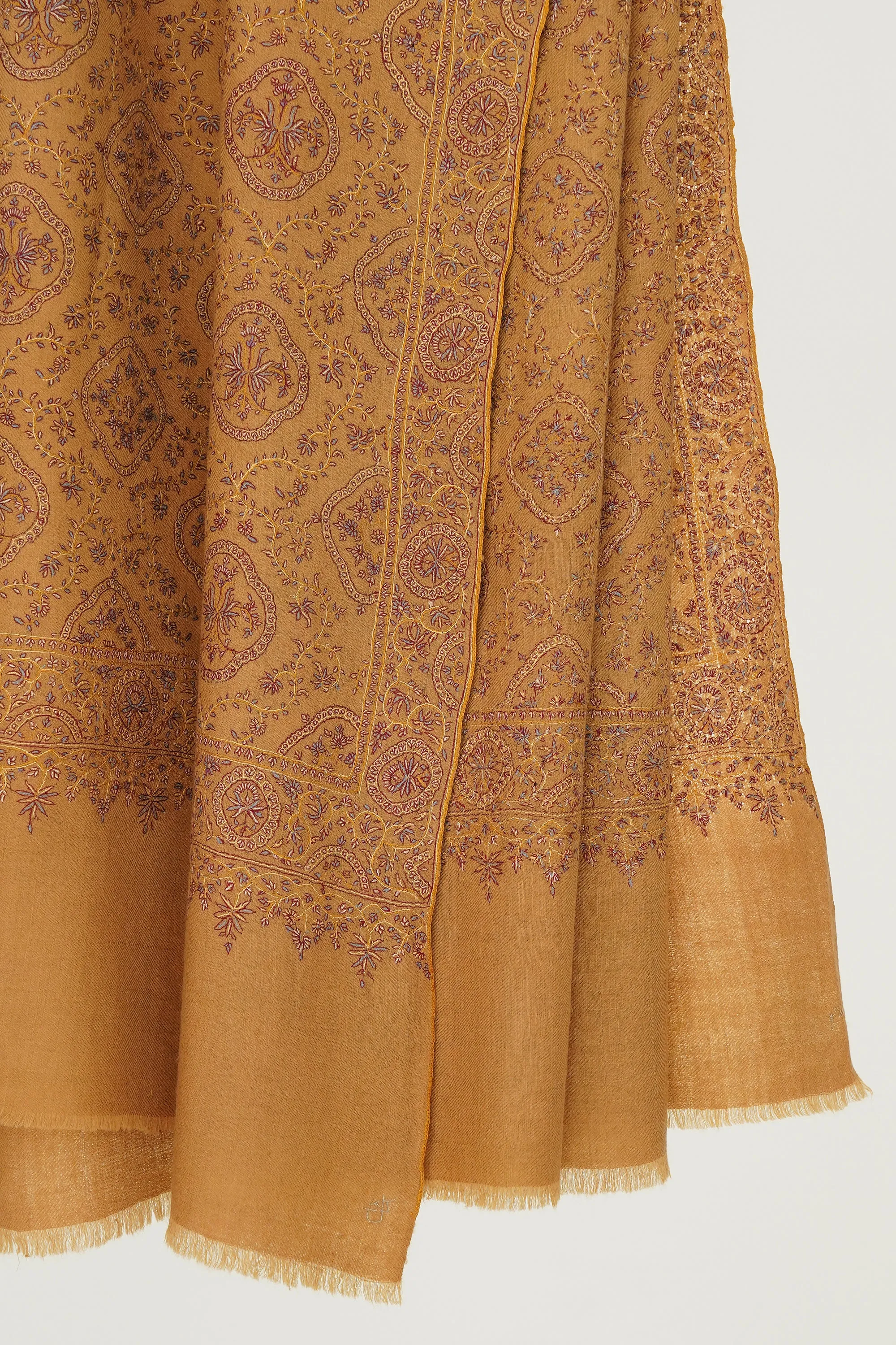 Sozni Resham Neem Jamawar Hand Embroidered Pashmina Shawl Golden