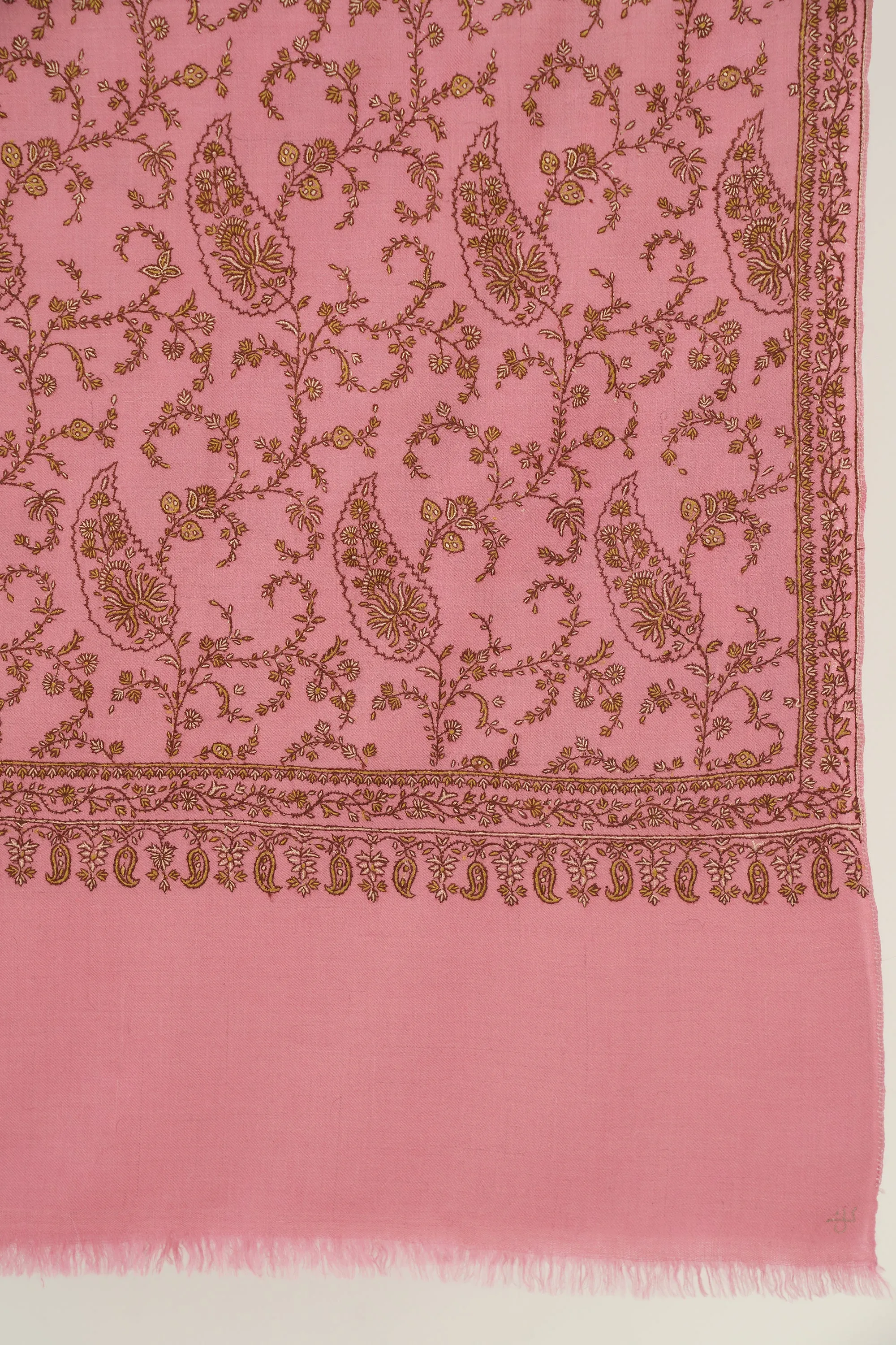 Sozni Sidra Jaaldar Hand Embroidered Pashmina Shawl Rose Pink
