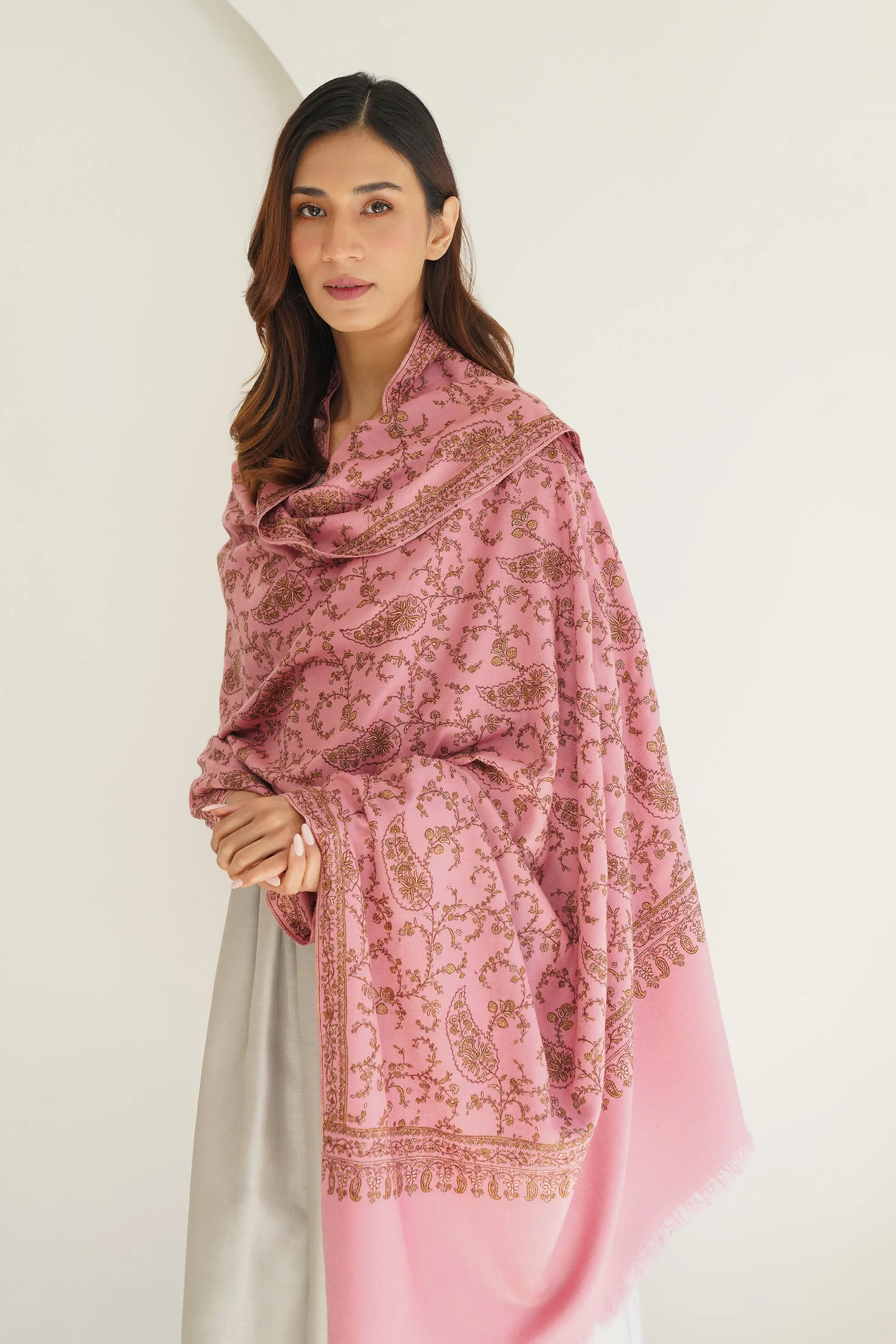 Sozni Sidra Jaaldar Hand Embroidered Pashmina Shawl Rose Pink