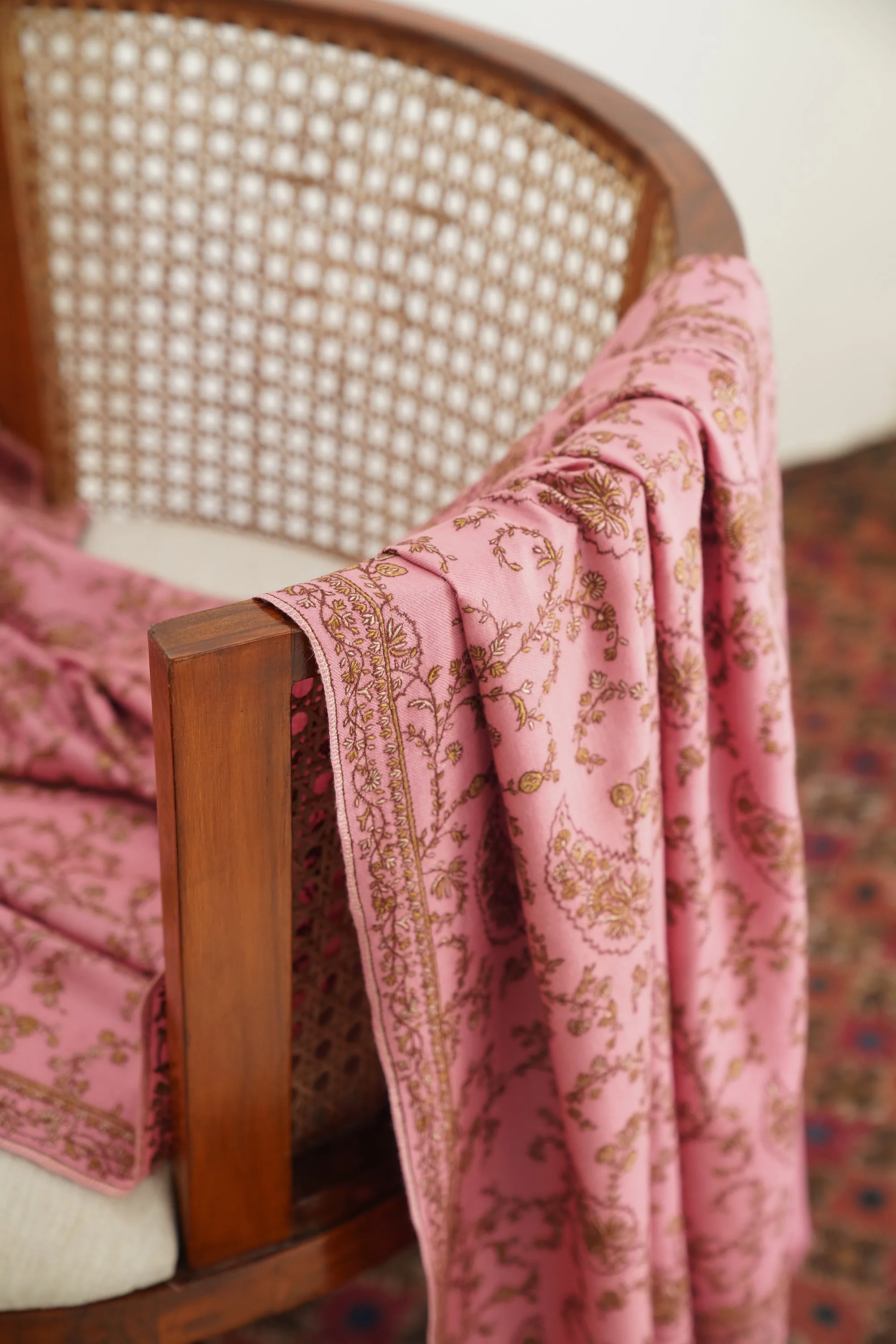 Sozni Sidra Jaaldar Hand Embroidered Pashmina Shawl Rose Pink