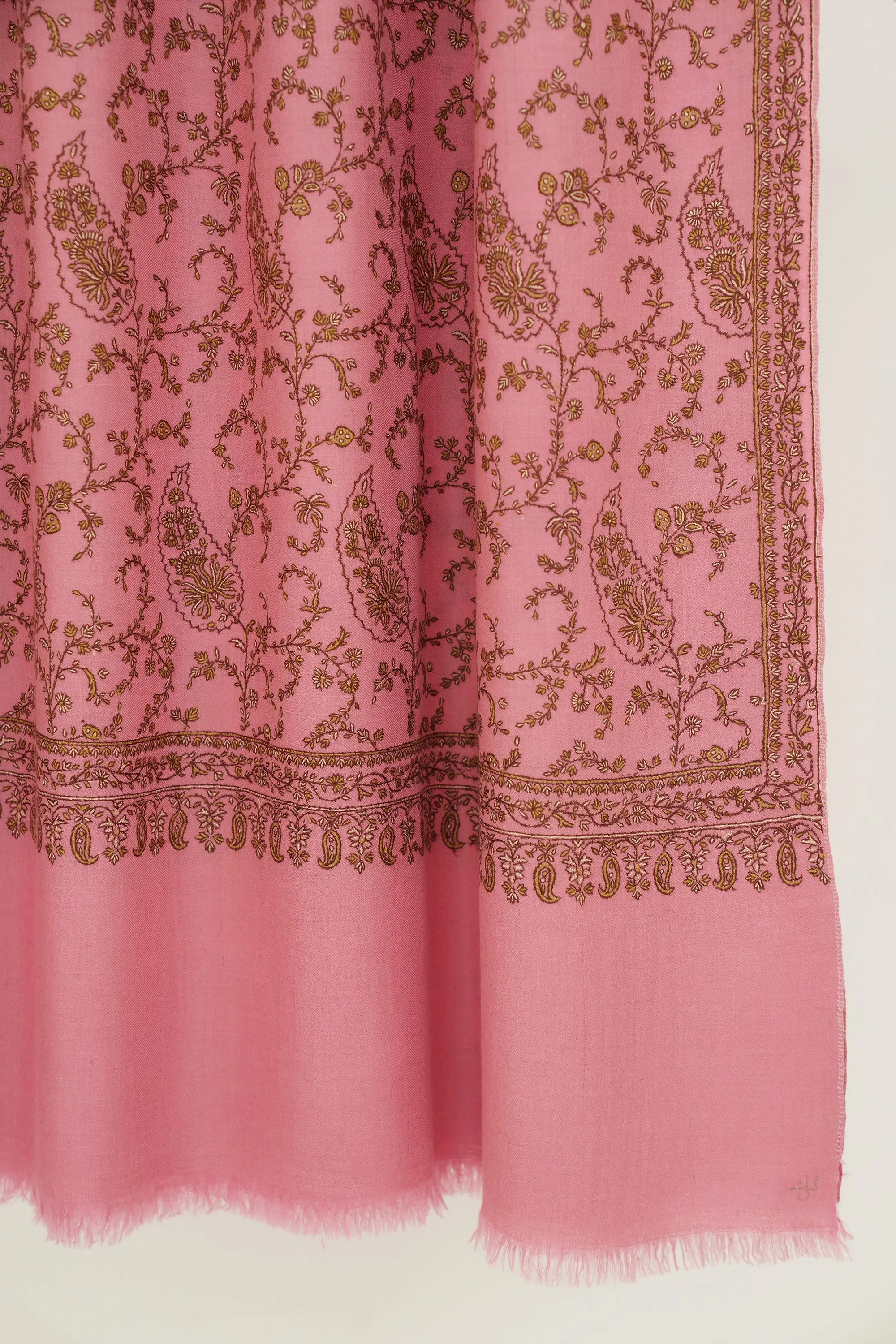 Sozni Sidra Jaaldar Hand Embroidered Pashmina Shawl Rose Pink