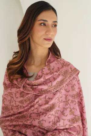 Sozni Sidra Jaaldar Hand Embroidered Pashmina Shawl Rose Pink