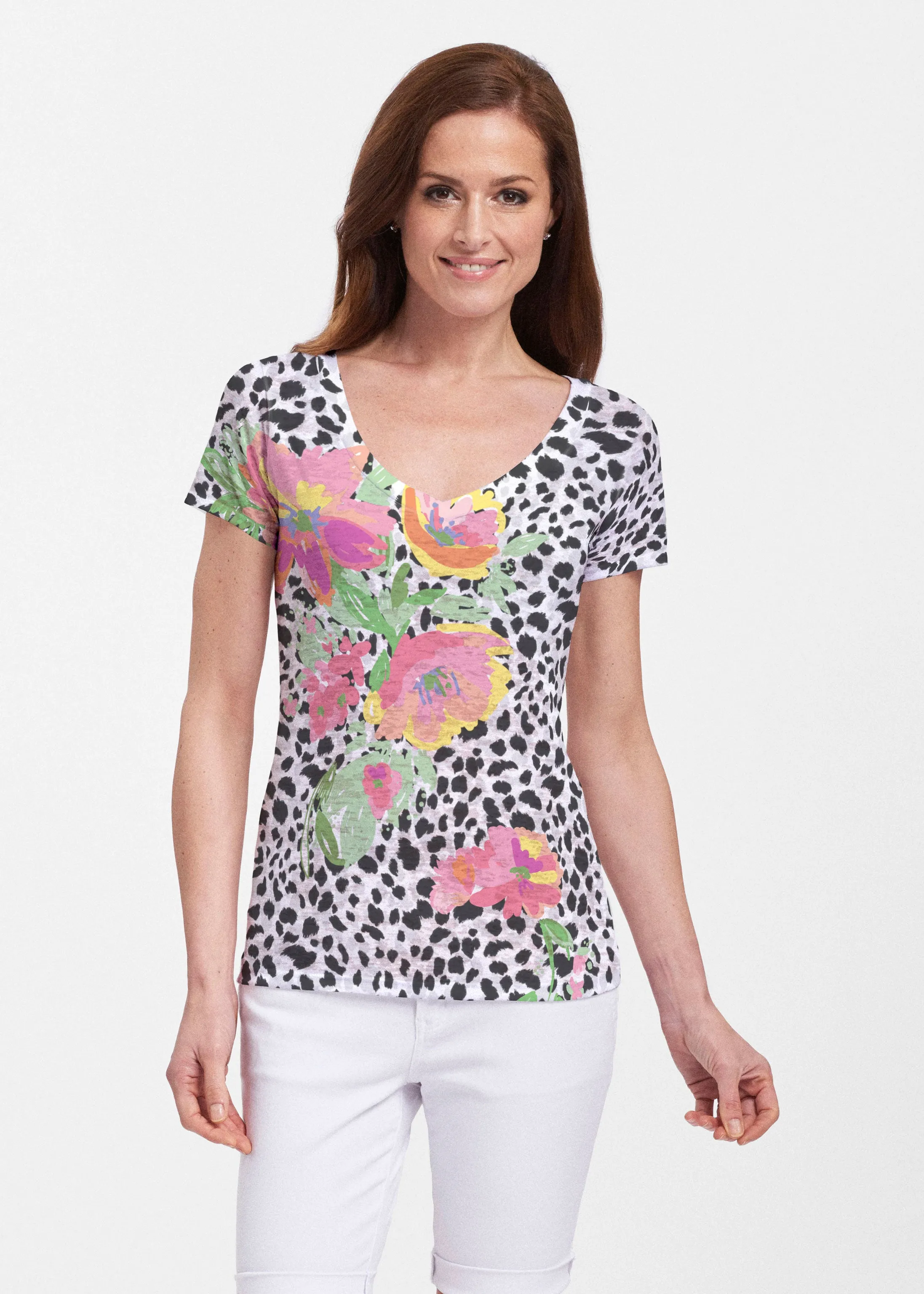 Spring Leopard (14225) ~ Sheer Short Sleeve V-Neck Shirt