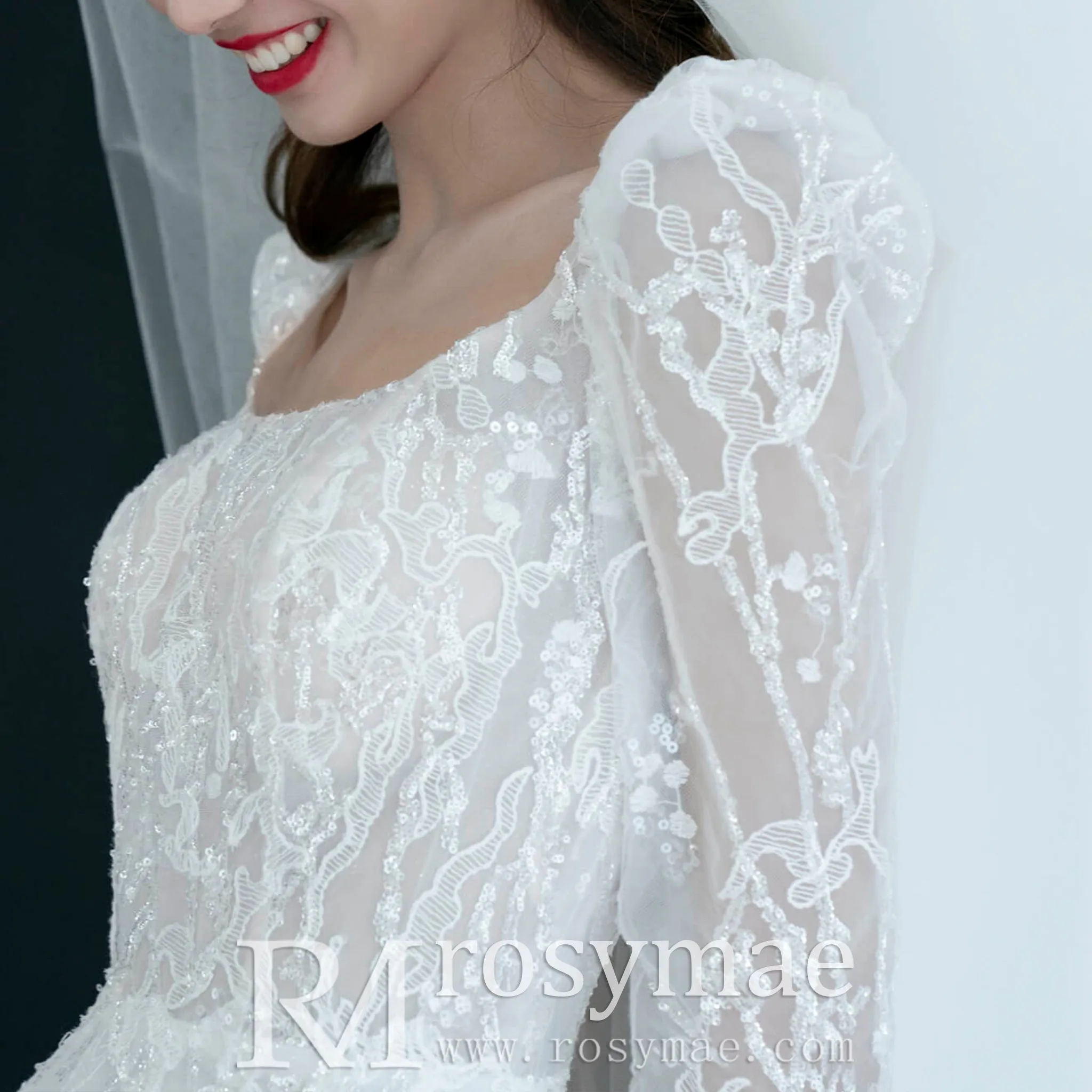 Square Neckline Sparkly A-line Wedding Dress with Long Sleeve
