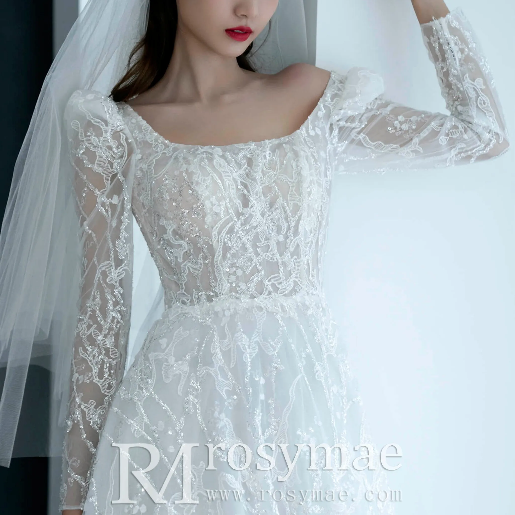 Square Neckline Sparkly A-line Wedding Dress with Long Sleeve
