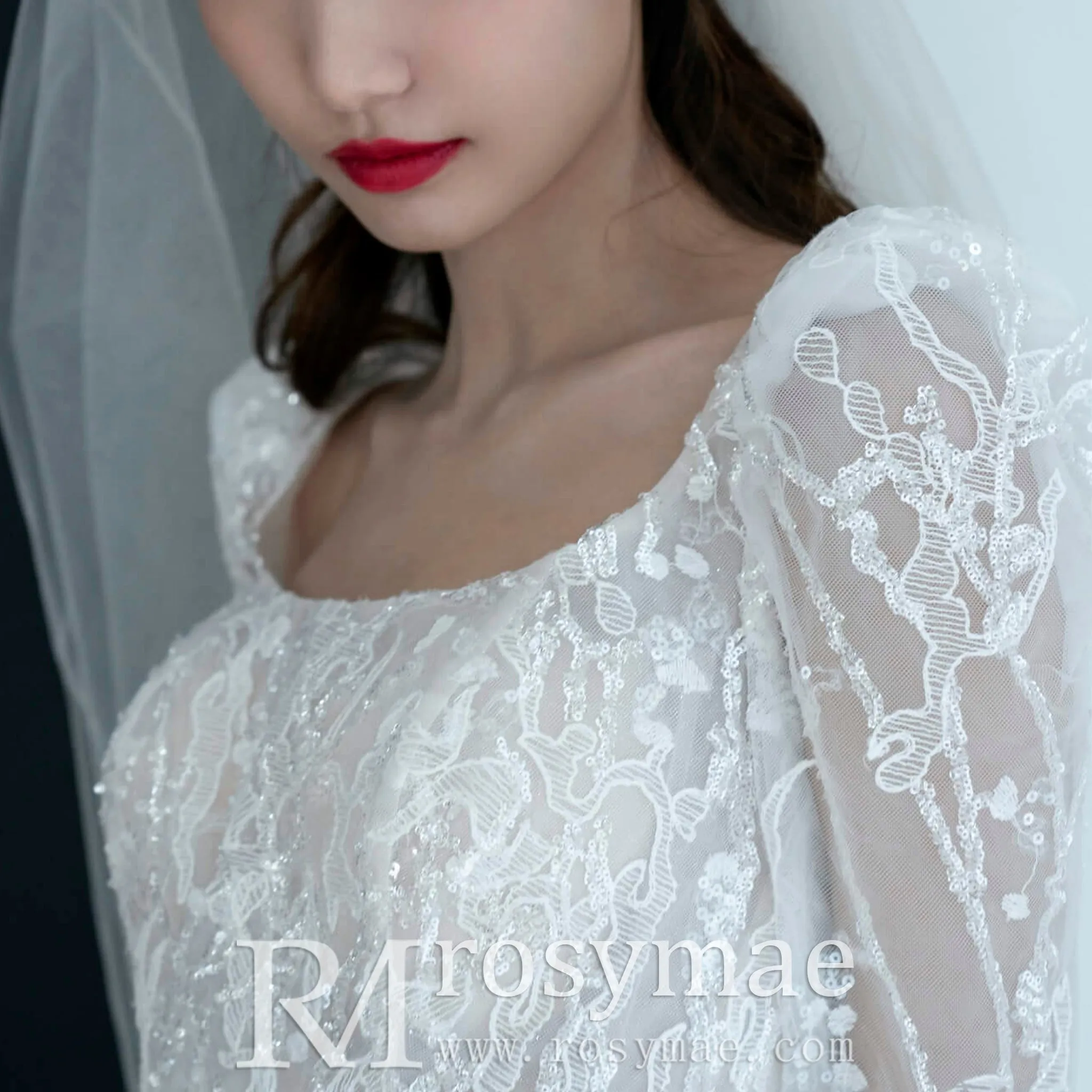 Square Neckline Sparkly A-line Wedding Dress with Long Sleeve