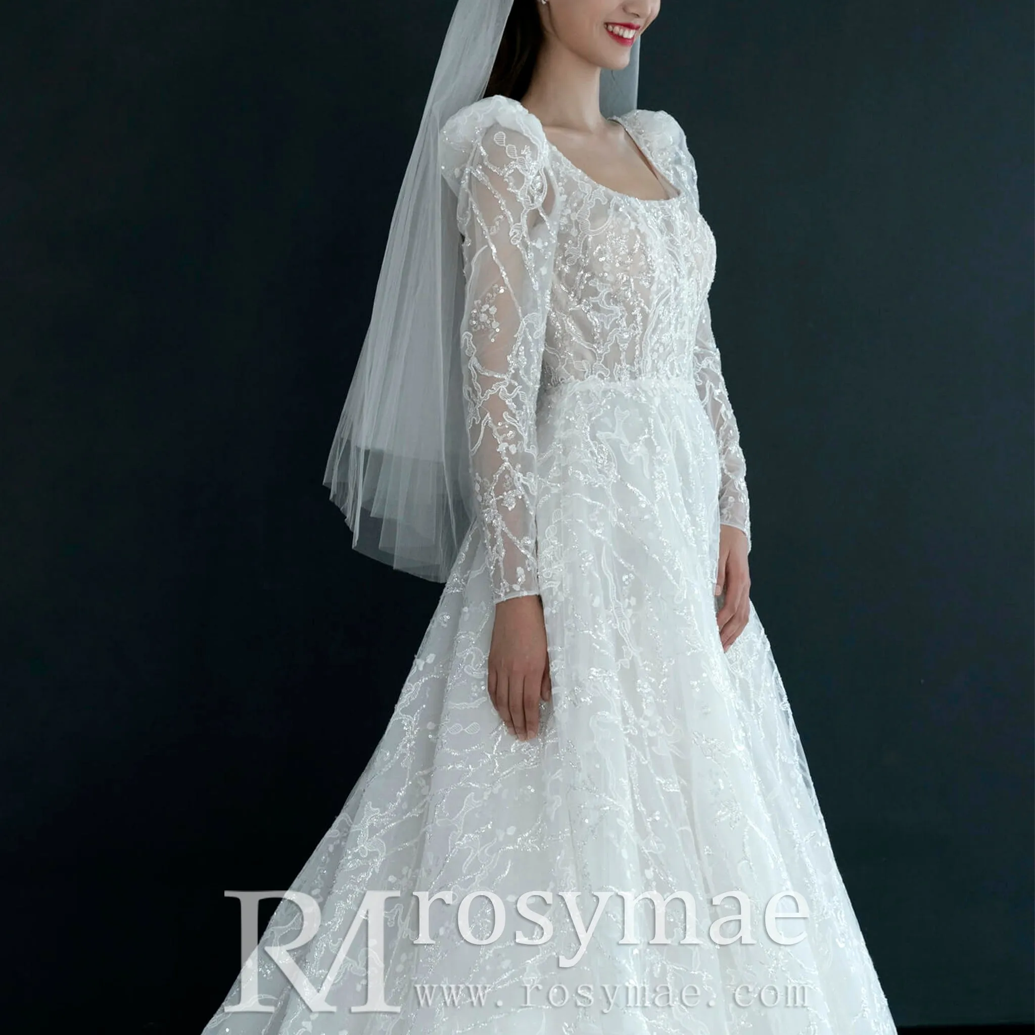 Square Neckline Sparkly A-line Wedding Dress with Long Sleeve