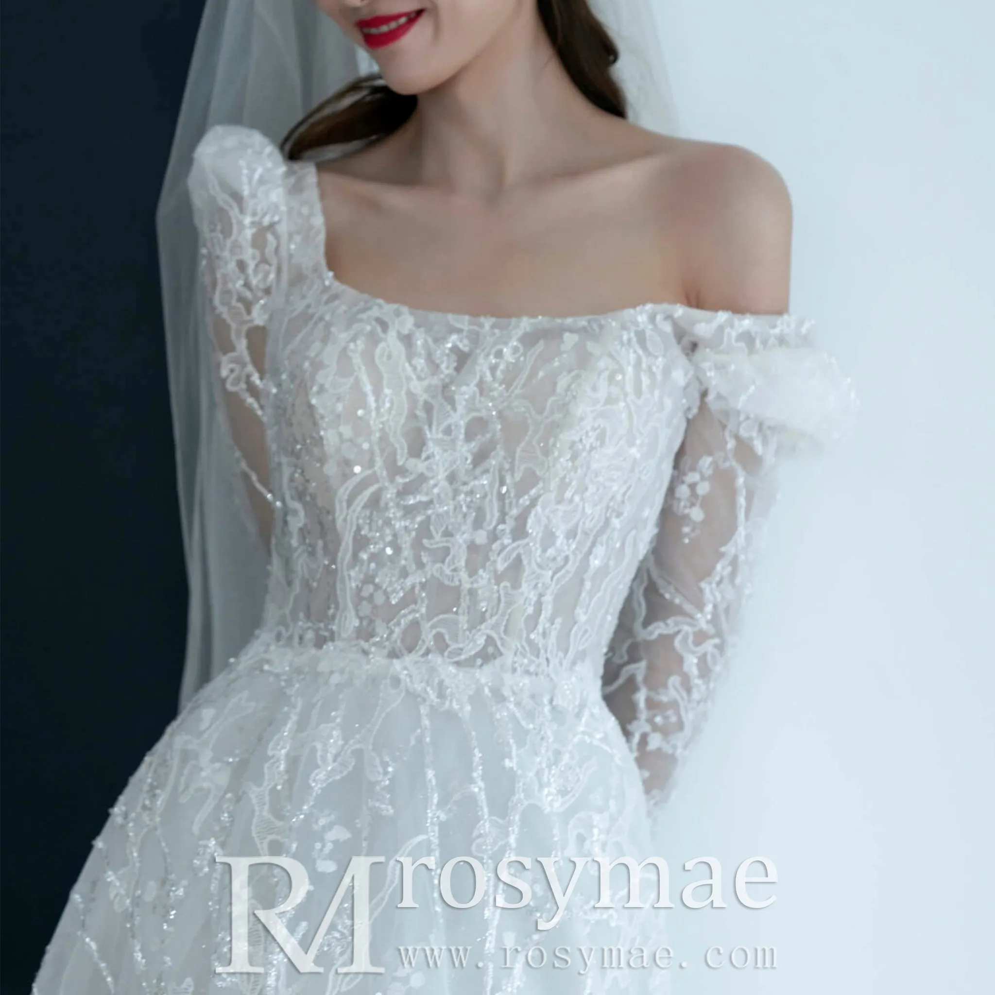 Square Neckline Sparkly A-line Wedding Dress with Long Sleeve