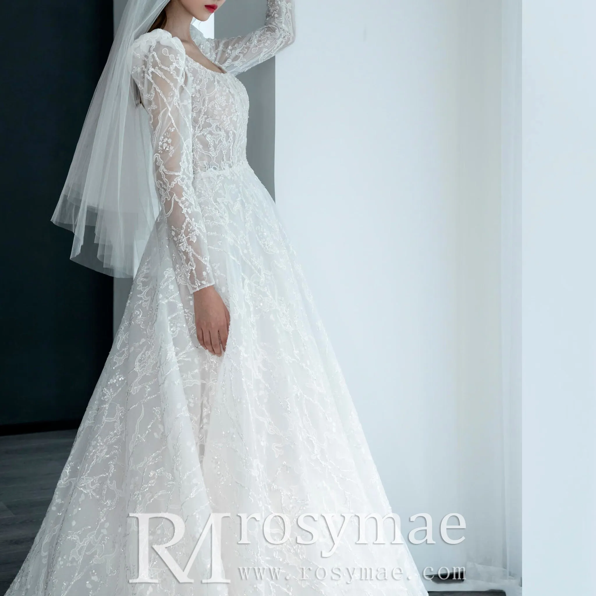 Square Neckline Sparkly A-line Wedding Dress with Long Sleeve