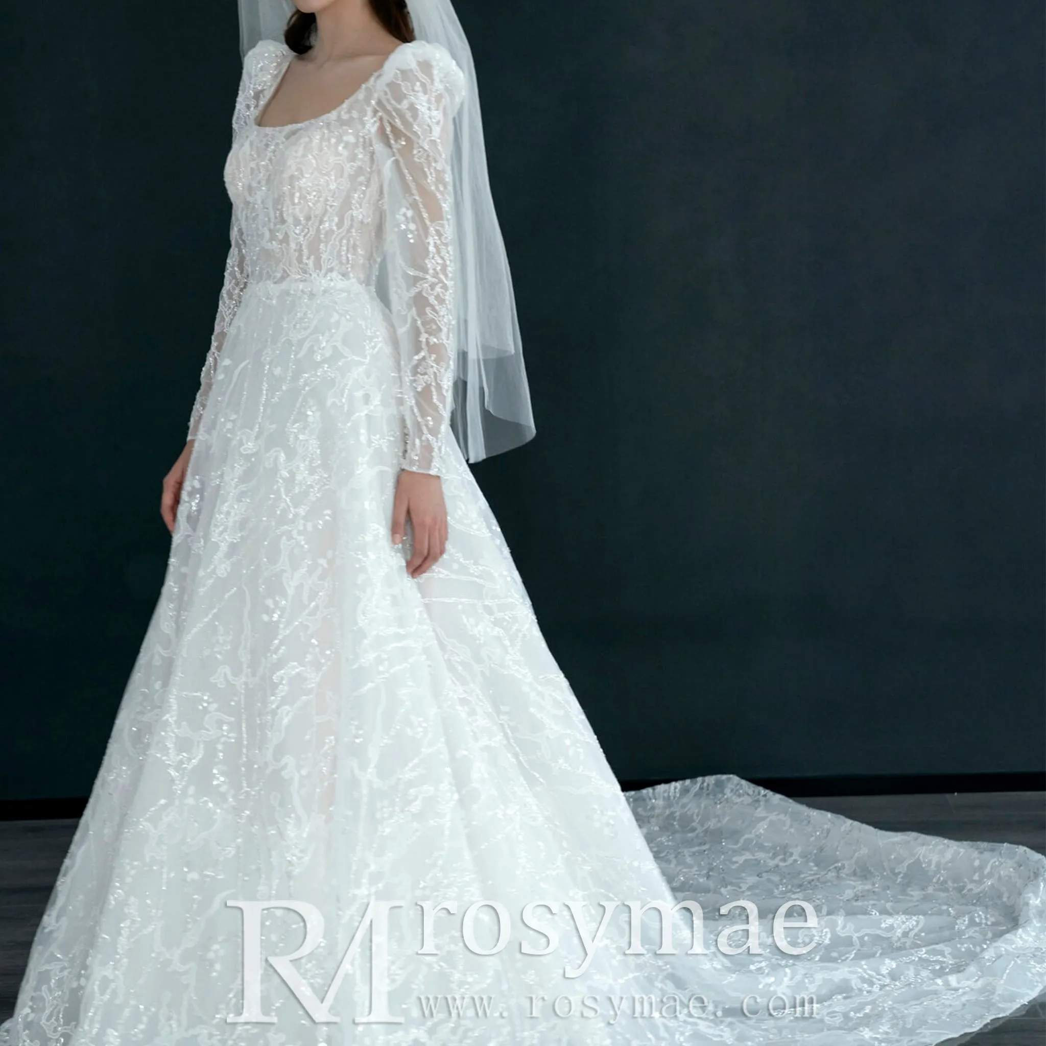 Square Neckline Sparkly A-line Wedding Dress with Long Sleeve
