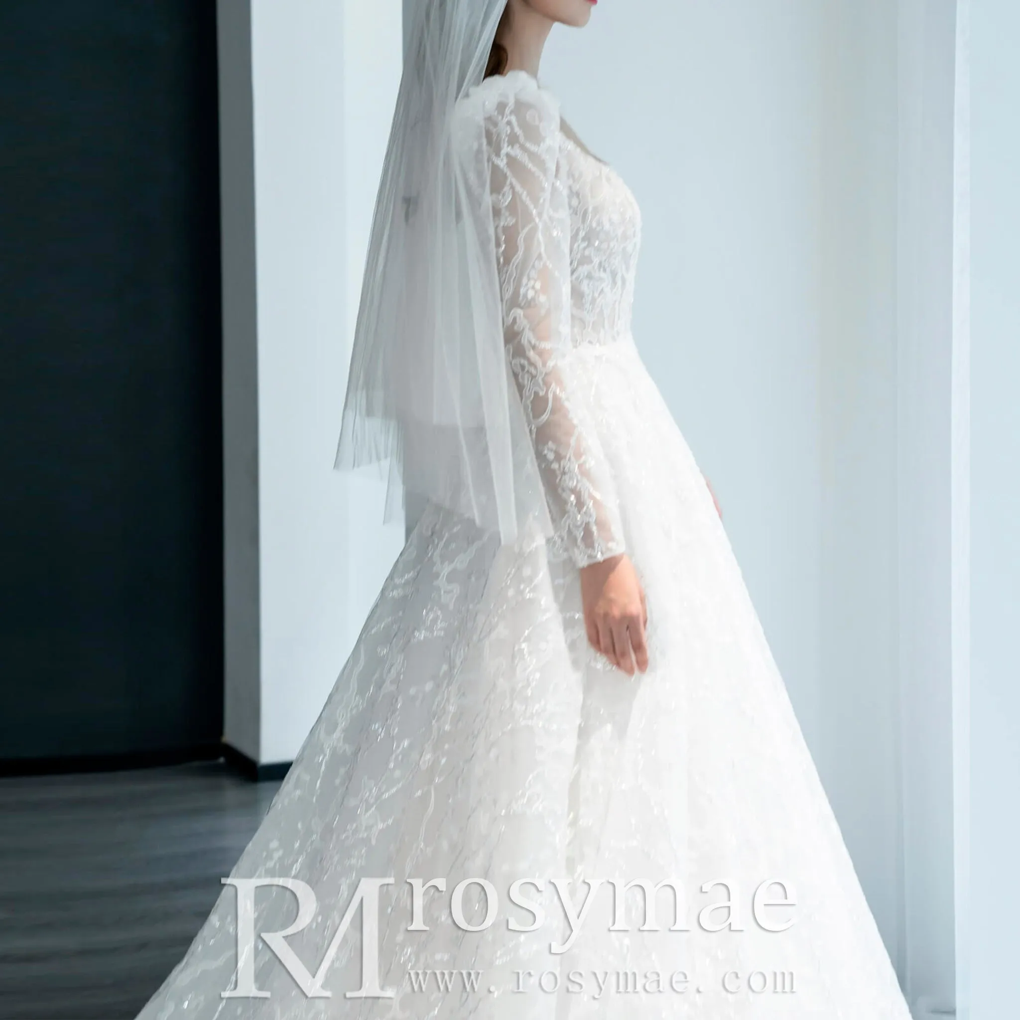 Square Neckline Sparkly A-line Wedding Dress with Long Sleeve