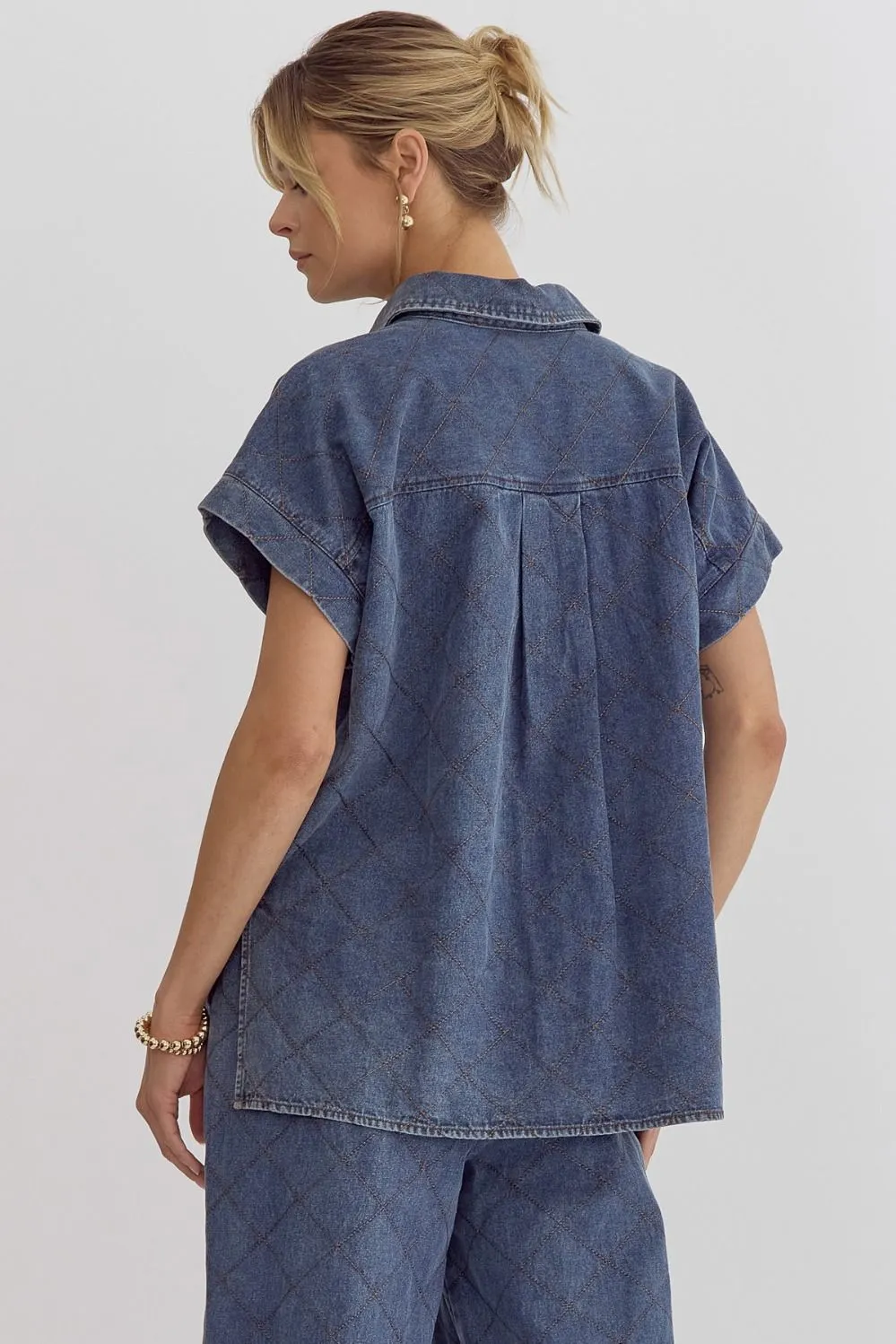 Stitched Button Down Short Sleeve Top {Denim Blue}