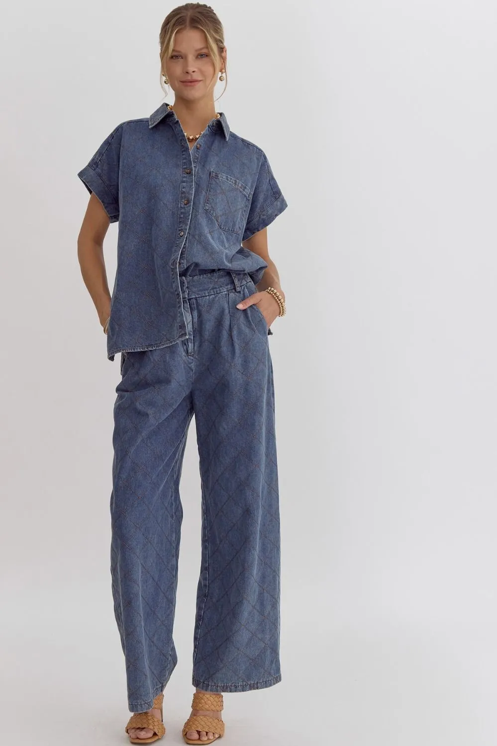 Stitched Button Down Short Sleeve Top {Denim Blue}