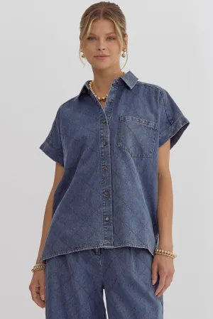 Stitched Button Down Short Sleeve Top {Denim Blue}