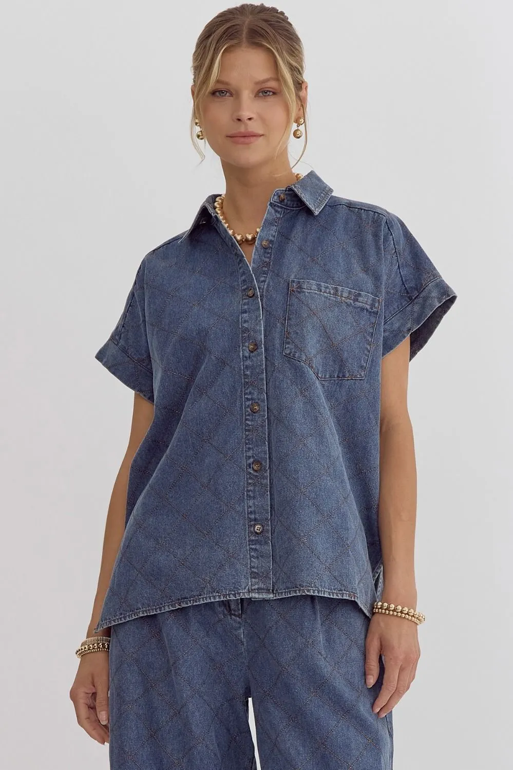 Stitched Button Down Short Sleeve Top {Denim Blue}