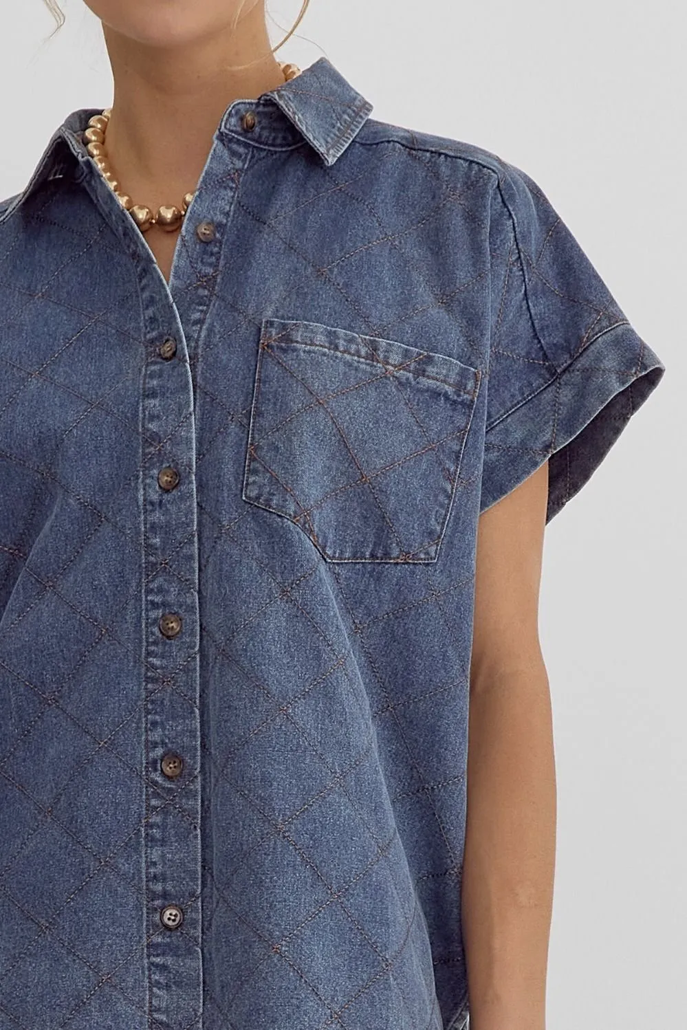 Stitched Button Down Short Sleeve Top {Denim Blue}
