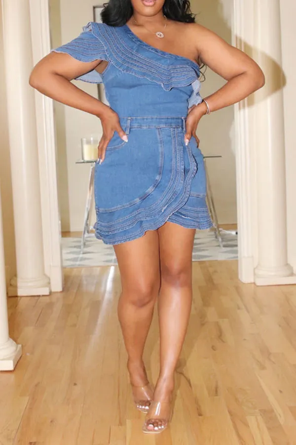 storexq Patchwork Ruffle Stunning Denim Camisole & Skirt