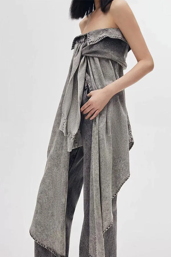 storexq Washed Denim Strapless Flattering Irregular Camisole