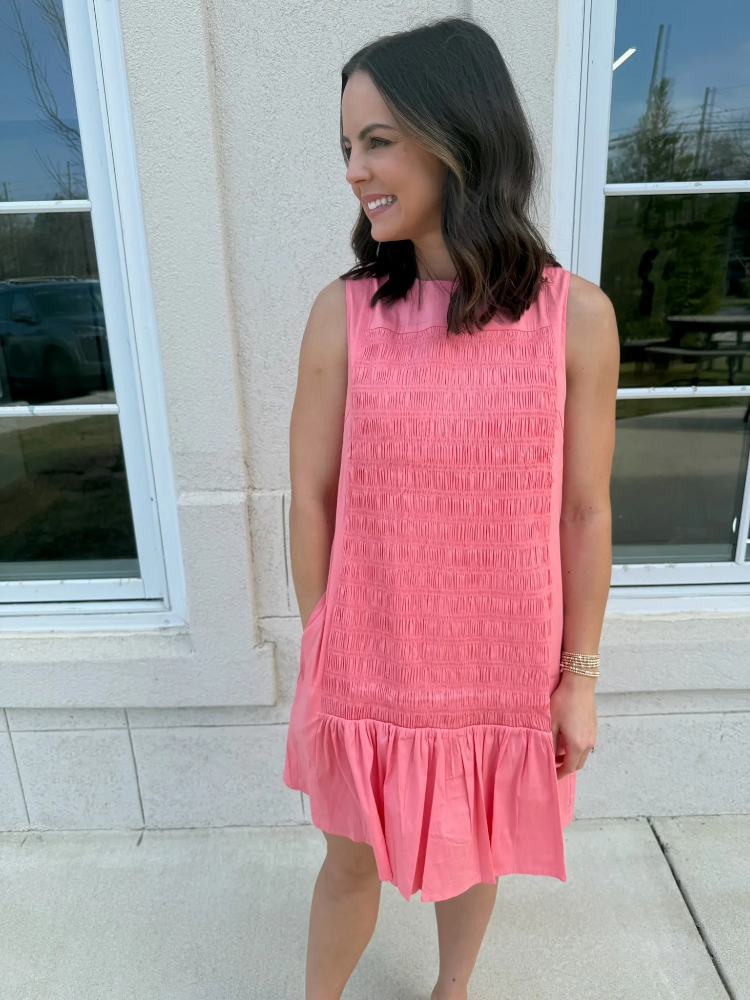 Strawberry Pink Smocked Shift Mini