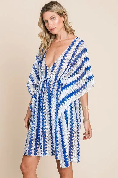 Striped Plunge Half Sleeve Cover-Up