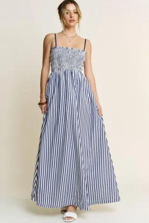 STRIPED SLEEVELESS SMOCKED POPLIN MAXI DRESS (PRE ORDER)