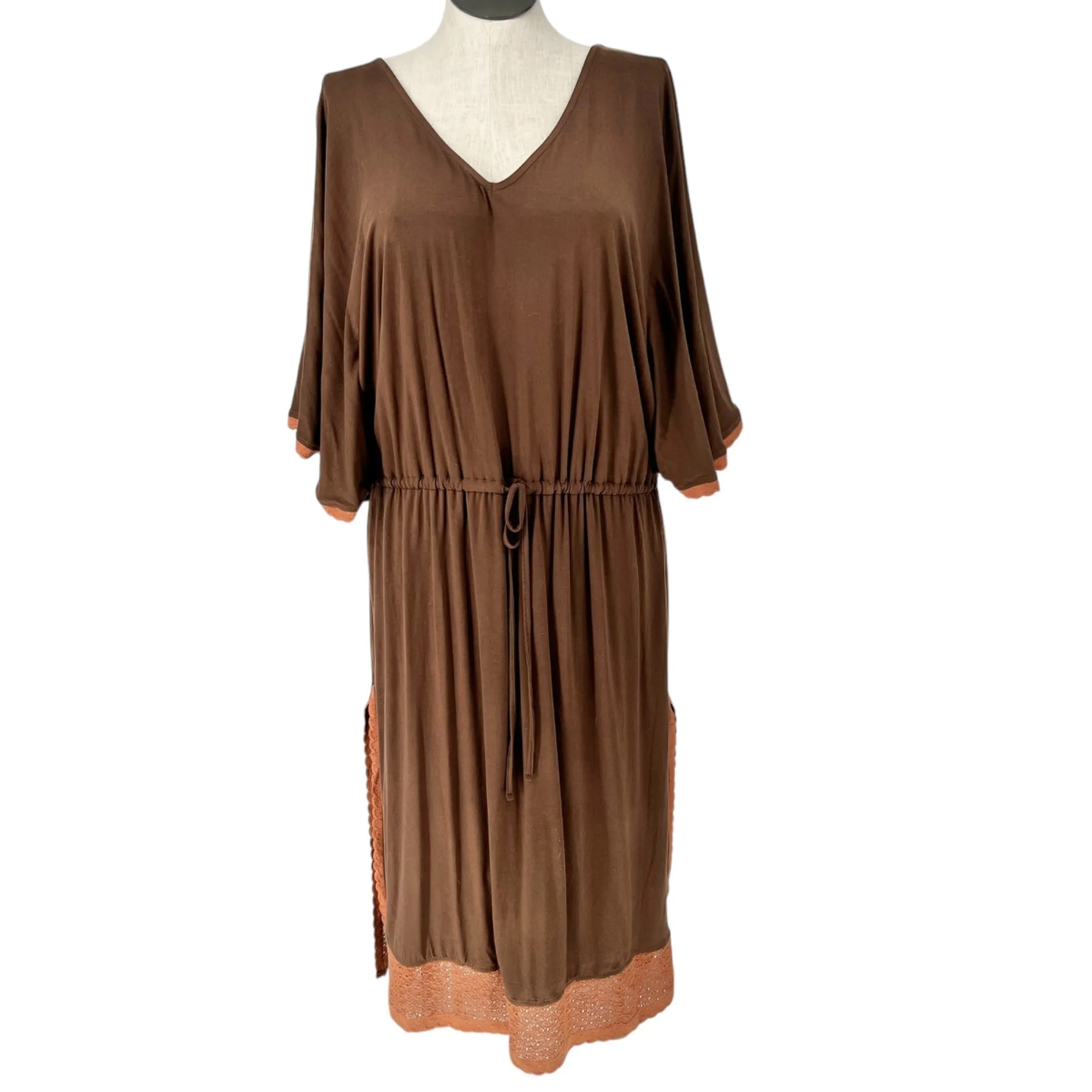 Swimsuits For All Cover-Up Dress 18/20 Brown Drawstring Waist Lace Hem Side Slit
