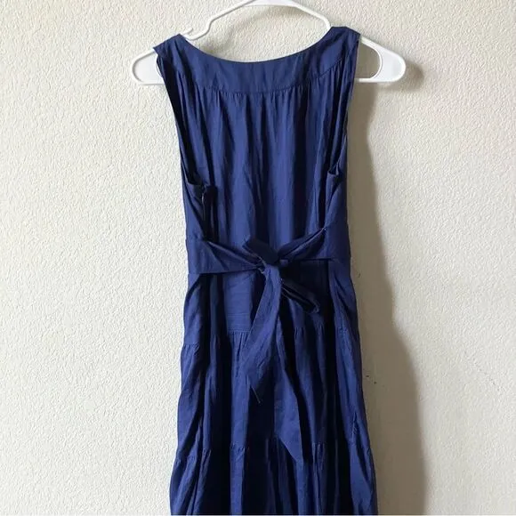 Talbots Navy Blue Minimalist Poplin 100% Cotton V Neck Tiered Preppy Maxi Dress