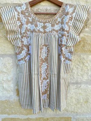 Tan and White Flutter Sleeve Felicia Blouse - M