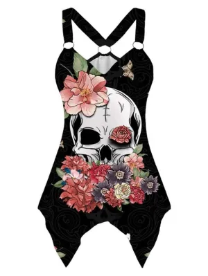 Tank Top with Skull Pattern and Pin Buckle accent