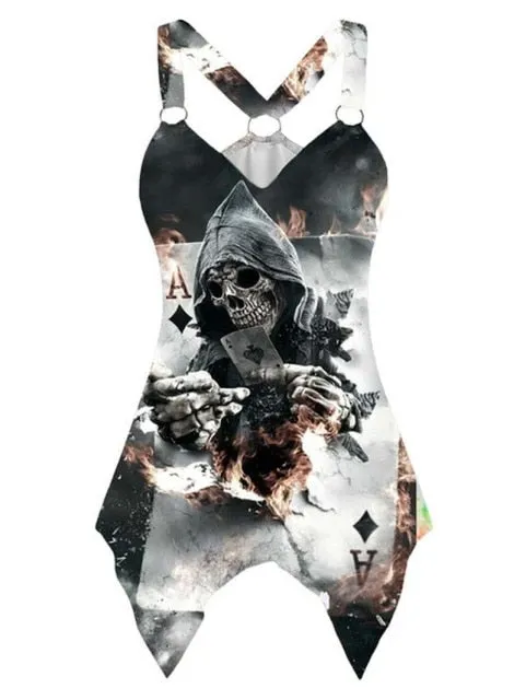 Tank Top with Skull Pattern and Pin Buckle accent