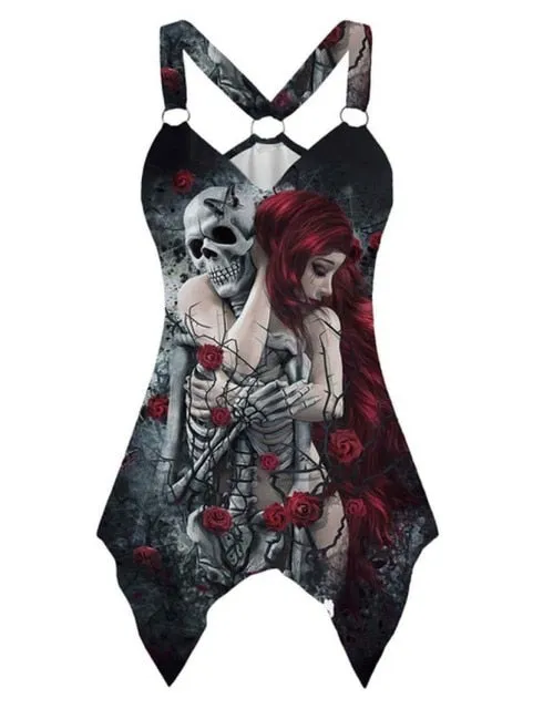 Tank Top with Skull Pattern and Pin Buckle accent