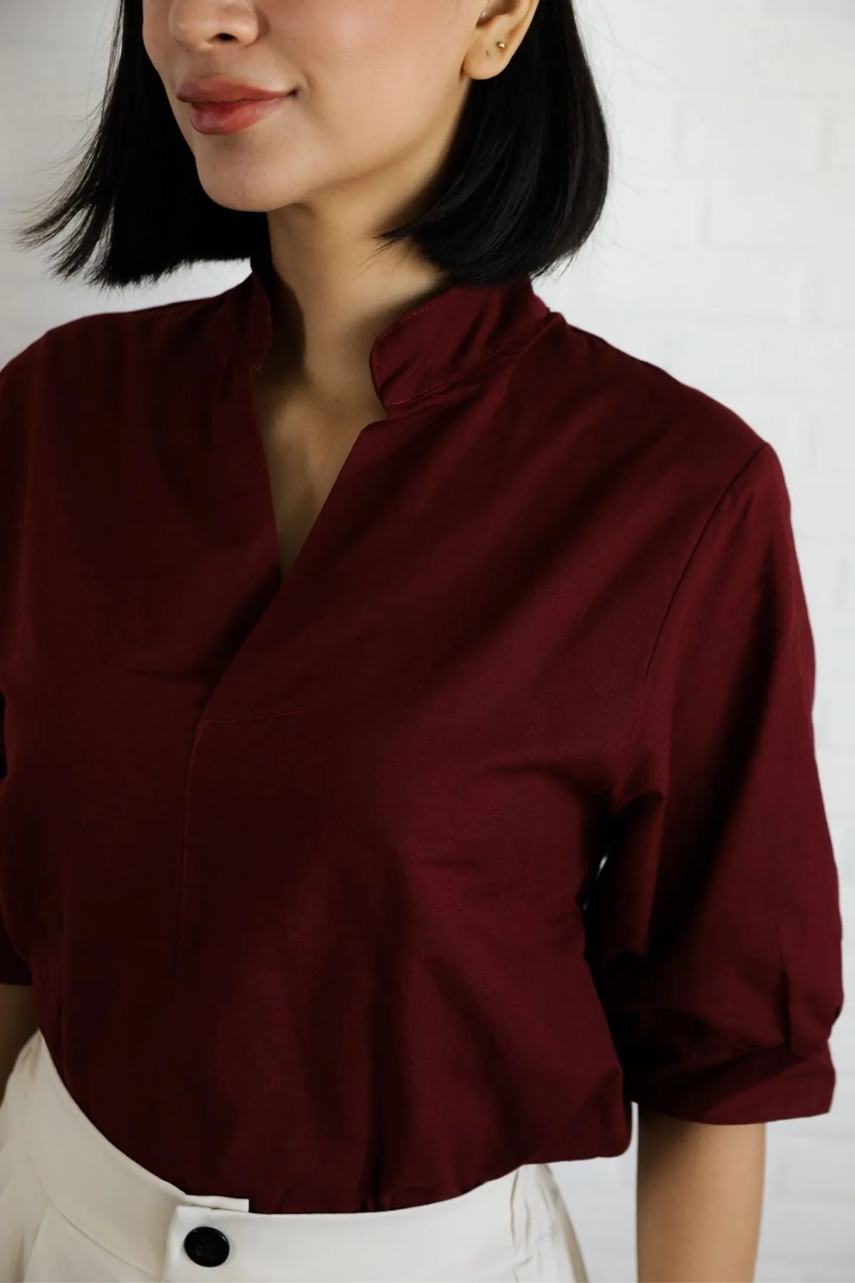 TAYLOR Relaxed Mandarin Collar Top (Wine Red)