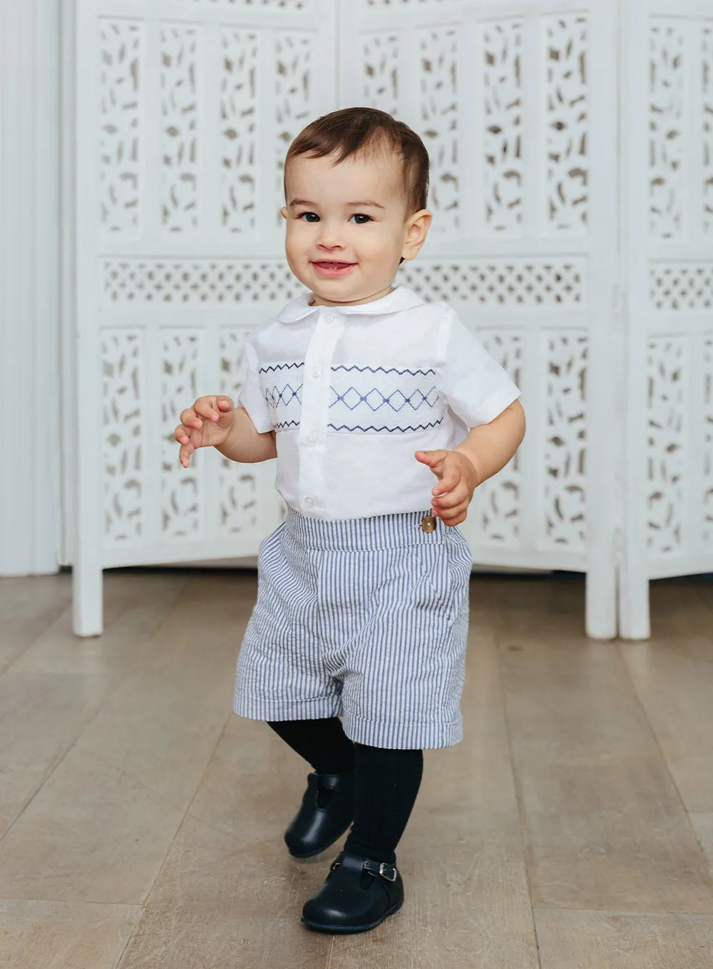 The Rupert Smocked Set in Navy/White