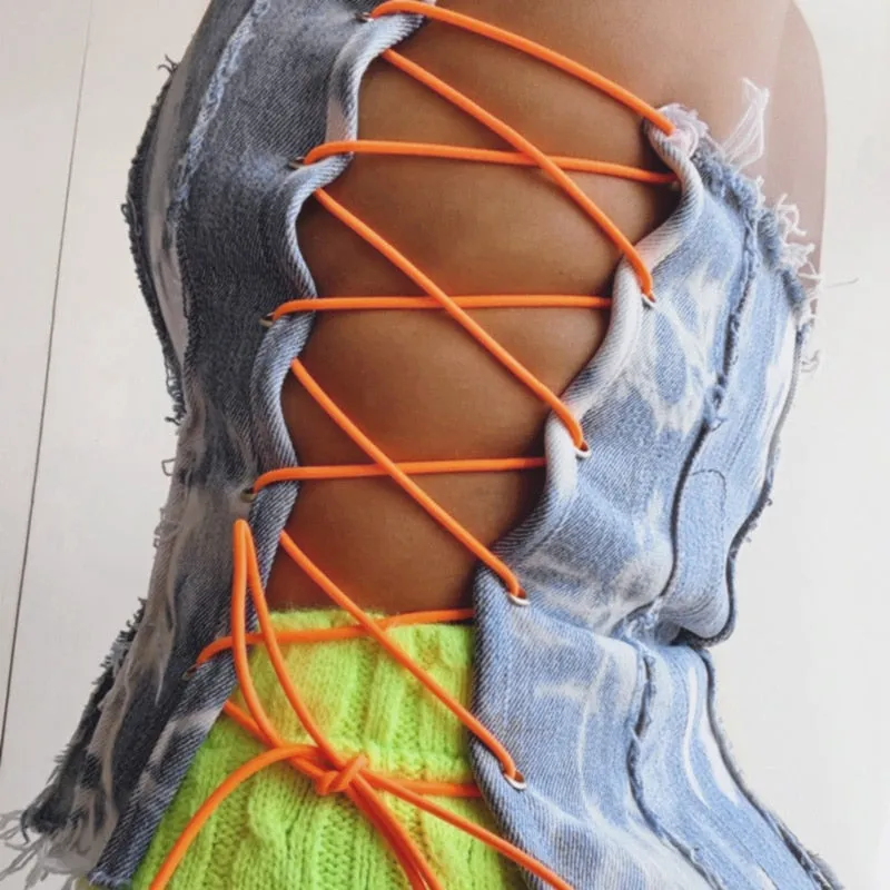 Tie Dye Lace Up Bandage Denim Bustier
