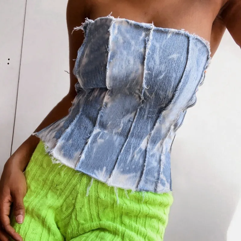 Tie Dye Lace Up Bandage Denim Bustier