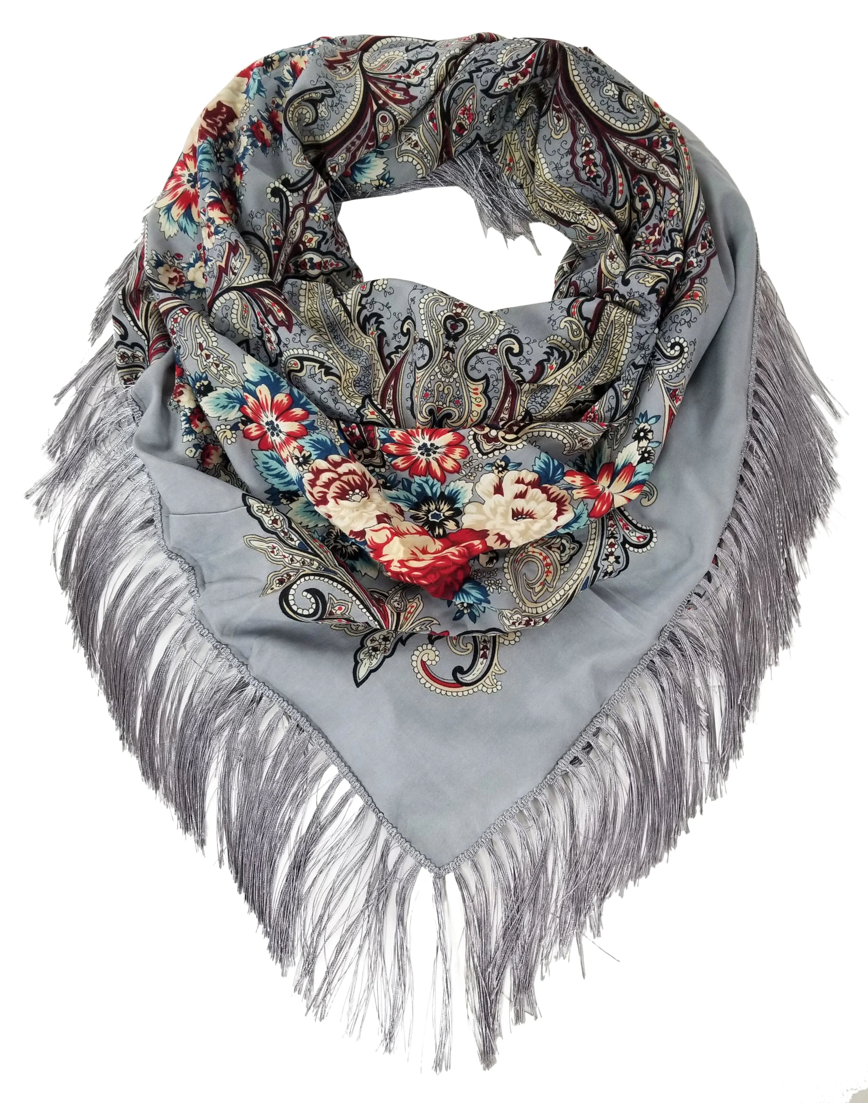 Traditional Polish Folk Shawl with Fringes - Exclusive Russian Collection - Grey